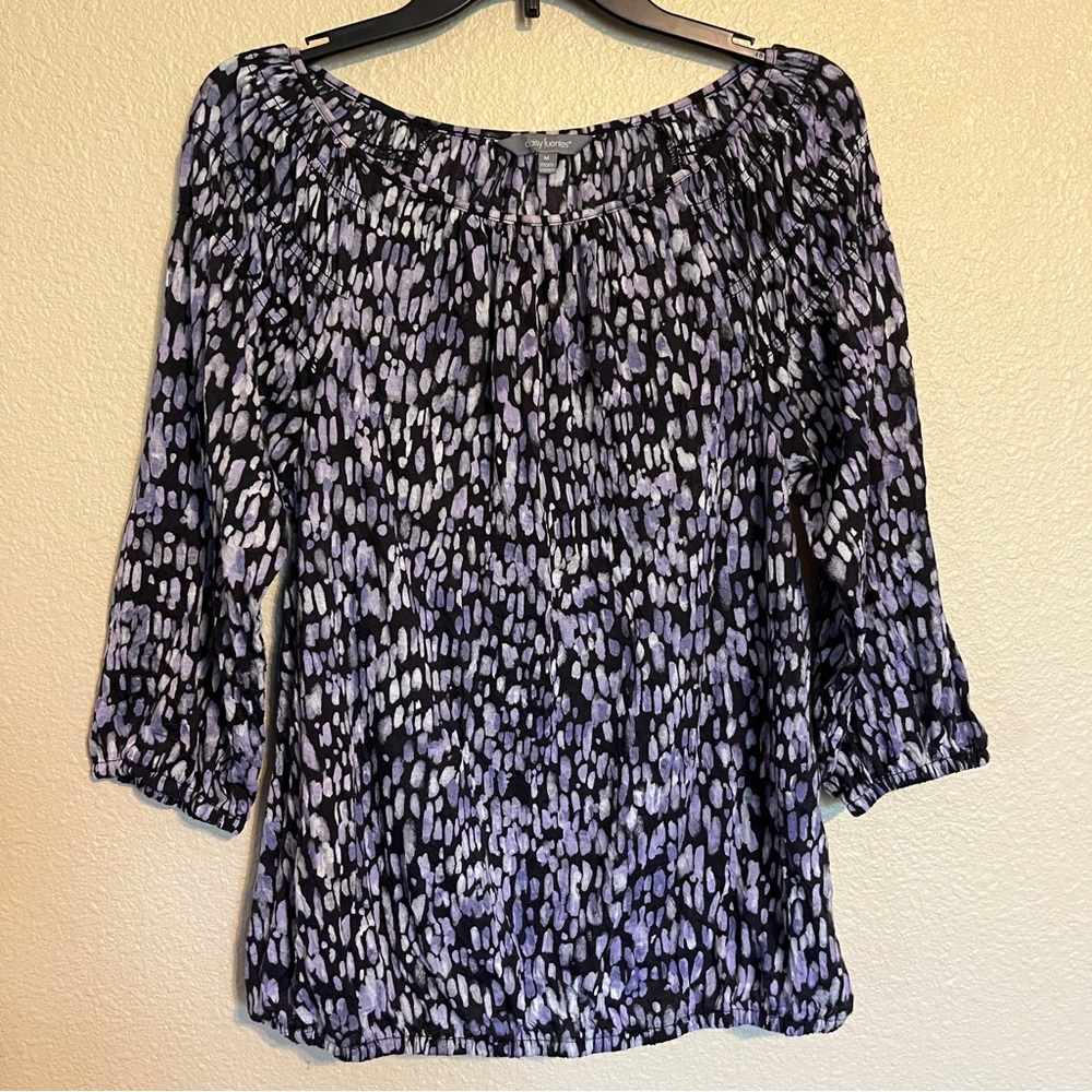 Daisy Fuentes Women’s M Black, Purple, & Gray Patterned 3/4 Bell Sleeve Top